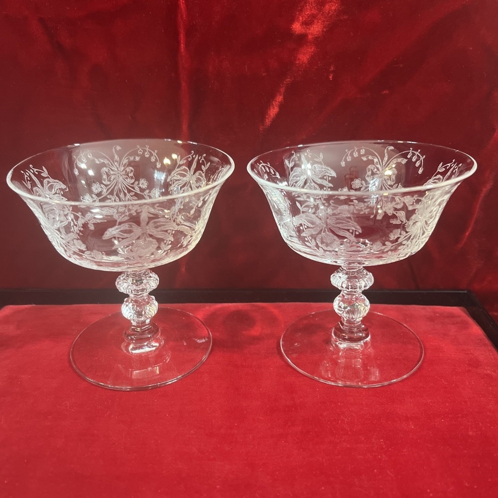 set of 2 Heisey Etched glass‎ Orchid sherbets Champagne goblets